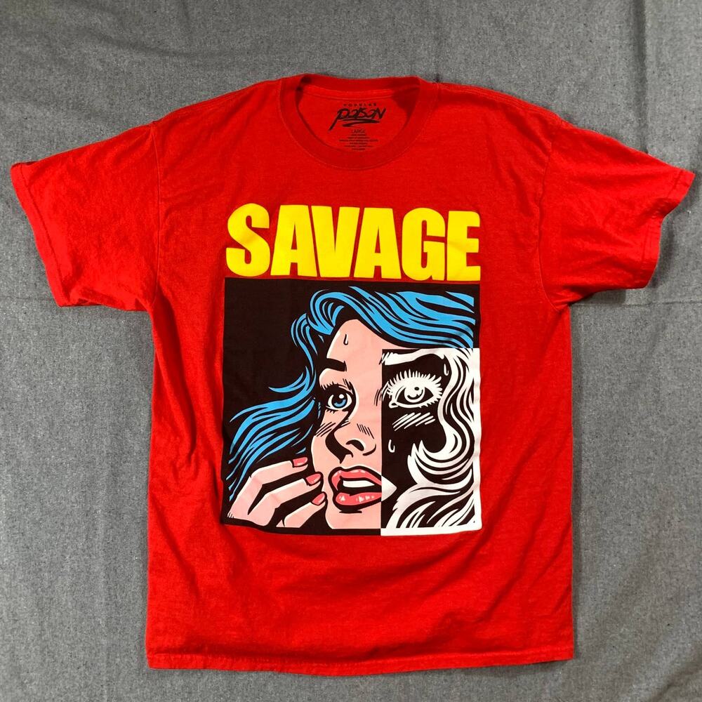 Popular Poison Savage Shirt Women Large Red Short Sleeve Casual T Shirt Ladies